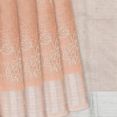 Light Peach Woven Linen Saree With Embroidered Floral Motifs-Light Peach