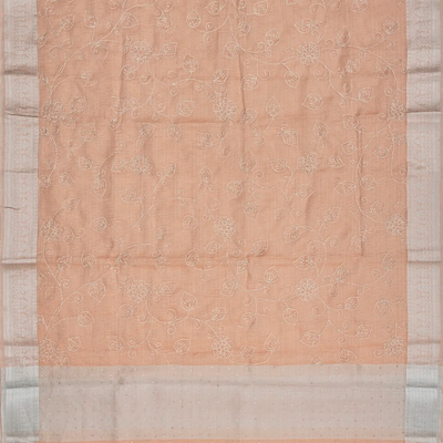 Light Peach Woven Linen Saree With Embroidered Floral Motifs-Light Peach