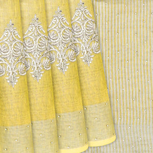 Yellow Woven Linen Saree With Embroidered Floral Motifs-Yellow