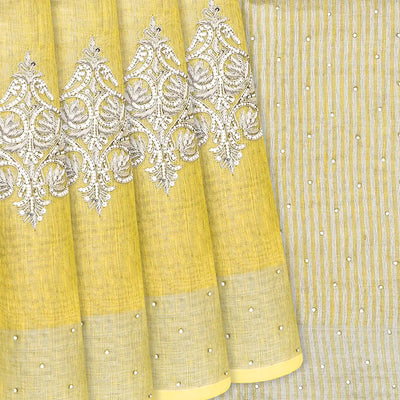 Yellow Woven Linen Saree With Embroidered Floral Motifs-Yellow