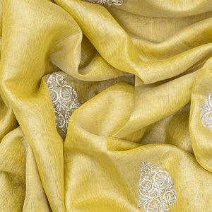 Yellow Woven Linen Saree With Embroidered Floral Motifs-Yellow