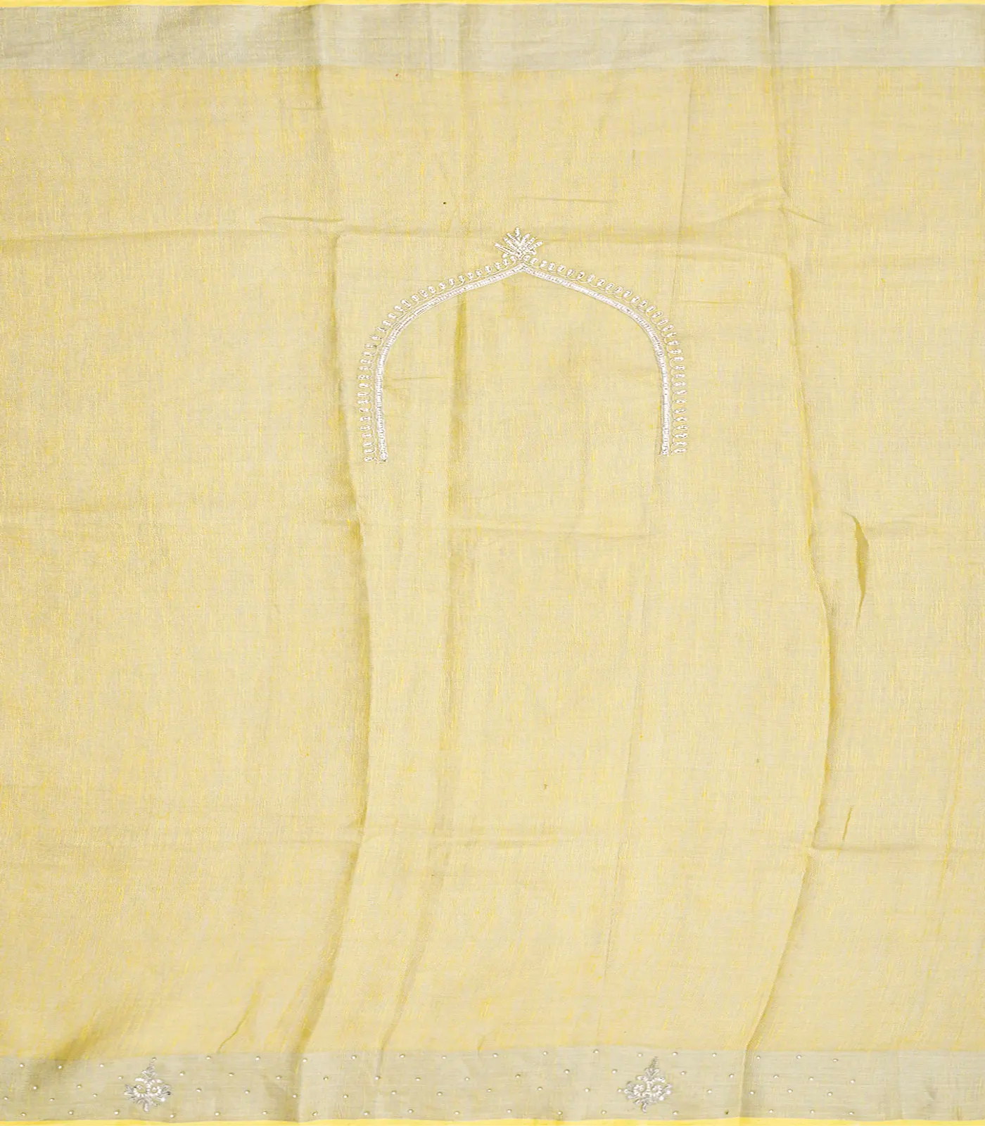 Yellow Woven Linen Saree With Embroidered Floral Motifs-Yellow