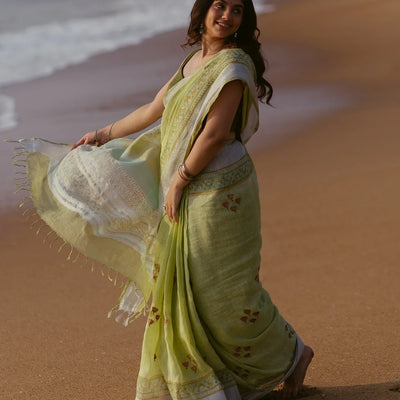 Neon Green Handloom Linen Saree With Printed Lotus Motifs-Neon Green