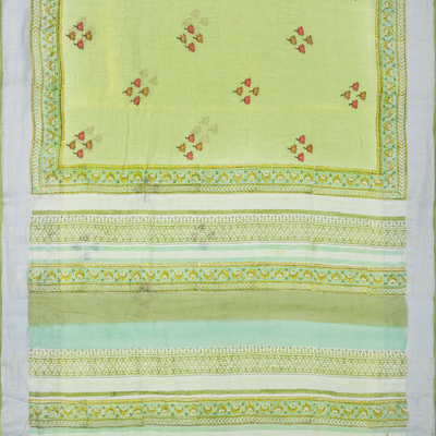 Neon Green Handloom Linen Saree With Printed Lotus Motifs-Neon Green