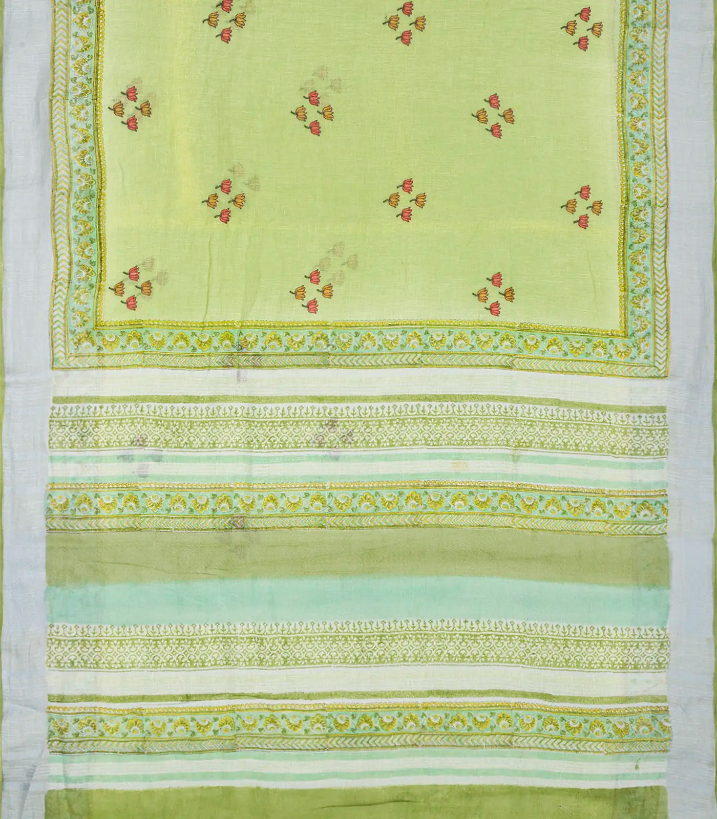 Neon Green Handloom Linen Saree With Printed Lotus Motifs-Neon Green