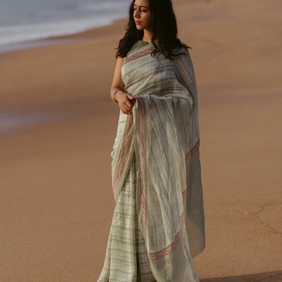 Shadow Green Handloom Linen Saree With Printed  Floral Motifs-Shadow Green