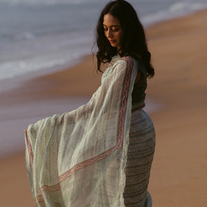 Shadow Green Handloom Linen Saree With Printed  Floral Motifs-Shadow Green