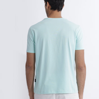Rare Rabbit Men's Libro Light Blue Crew Neck With Discharge Print Graphic And Signature Half Sleeves Slim Fit T-Shirt
