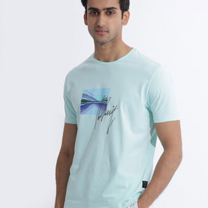 Rare Rabbit Men's Libro Light Blue Crew Neck With Discharge Print Graphic And Signature Half Sleeves Slim Fit T-Shirt