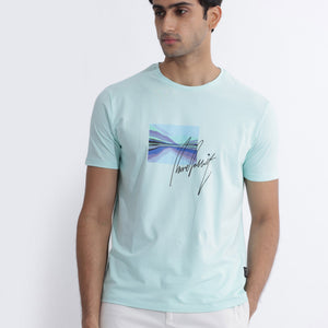 Rare Rabbit Men's Libro Light Blue Crew Neck With Discharge Print Graphic And Signature Half Sleeves Slim Fit T-Shirt