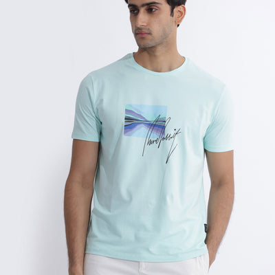 Rare Rabbit Men's Libro Light Blue Crew Neck With Discharge Print Graphic And Signature Half Sleeves Slim Fit T-Shirt