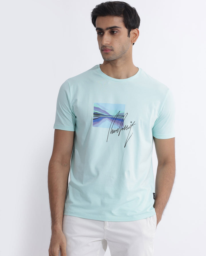 Rare Rabbit Men's Libro Light Blue Crew Neck With Discharge Print Graphic And Signature Half Sleeves Slim Fit T-Shirt