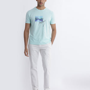 Rare Rabbit Men's Libro Light Blue Crew Neck With Discharge Print Graphic And Signature Half Sleeves Slim Fit T-Shirt
