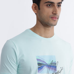 Rare Rabbit Men's Libro Light Blue Crew Neck With Discharge Print Graphic And Signature Half Sleeves Slim Fit T-Shirt