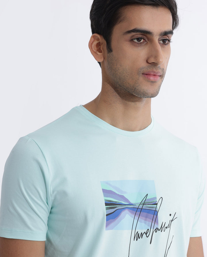 Rare Rabbit Men's Libro Light Blue Crew Neck With Discharge Print Graphic And Signature Half Sleeves Slim Fit T-Shirt