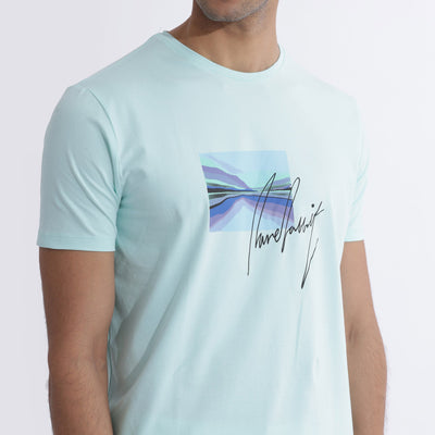 Rare Rabbit Men's Libro Light Blue Crew Neck With Discharge Print Graphic And Signature Half Sleeves Slim Fit T-Shirt