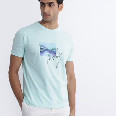 Rare Rabbit Men's Libro Light Blue Crew Neck With Discharge Print Graphic And Signature Half Sleeves Slim Fit T-Shirt