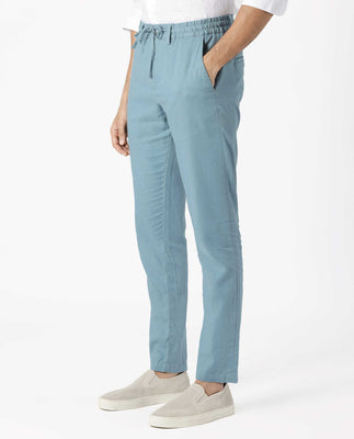 Rare Rabbit Men's Linac Dusky Blue Solid Drawstring With Elastic Waistband Regular Fit Linen Trouser