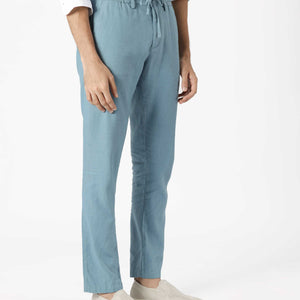 Rare Rabbit Men's Linac Dusky Blue Solid Drawstring With Elastic Waistband Regular Fit Linen Trouser