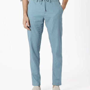 Rare Rabbit Men's Linac Dusky Blue Solid Drawstring With Elastic Waistband Regular Fit Linen Trouser