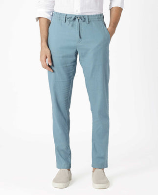 Rare Rabbit Men's Linac Dusky Blue Solid Drawstring With Elastic Waistband Regular Fit Linen Trouser