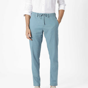 Rare Rabbit Men's Linac Dusky Blue Solid Drawstring With Elastic Waistband Regular Fit Linen Trouser