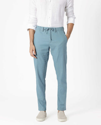 Rare Rabbit Men's Linac Dusky Blue Solid Drawstring With Elastic Waistband Regular Fit Linen Trouser