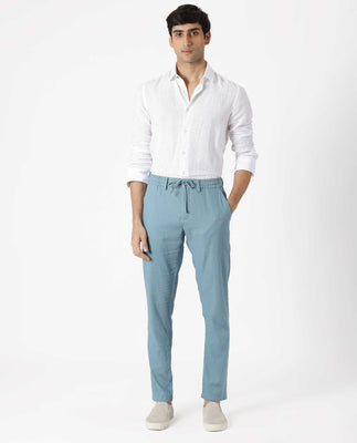 Rare Rabbit Men's Linac Dusky Blue Solid Drawstring With Elastic Waistband Regular Fit Linen Trouser