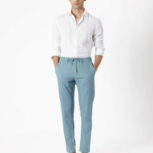 Rare Rabbit Men's Linac Dusky Blue Solid Drawstring With Elastic Waistband Regular Fit Linen Trouser