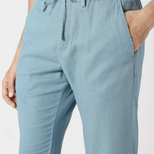 Rare Rabbit Men's Linac Dusky Blue Solid Drawstring With Elastic Waistband Regular Fit Linen Trouser