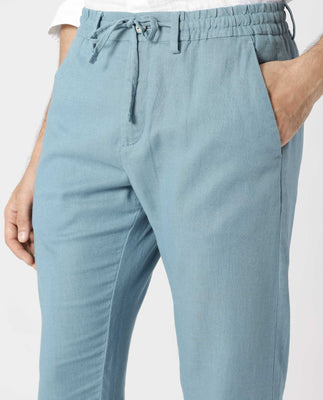 Rare Rabbit Men's Linac Dusky Blue Solid Drawstring With Elastic Waistband Regular Fit Linen Trouser