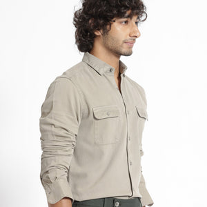 Rare Rabbit Men's Lipton Light Grey Cotton Fabric Full Sleeves Twill Shirt
