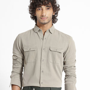 Rare Rabbit Men's Lipton Light Grey Cotton Fabric Full Sleeves Twill Shirt