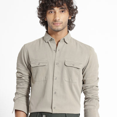 Rare Rabbit Men's Lipton Light Grey Cotton Fabric Full Sleeves Twill Shirt