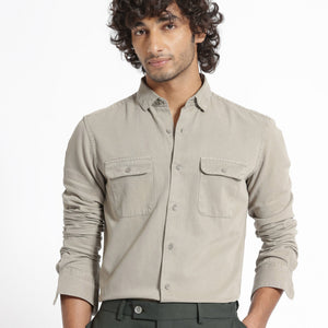 Rare Rabbit Men's Lipton Light Grey Cotton Fabric Full Sleeves Twill Shirt