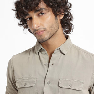 Rare Rabbit Men's Lipton Light Grey Cotton Fabric Full Sleeves Twill Shirt