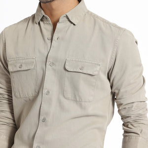 Rare Rabbit Men's Lipton Light Grey Cotton Fabric Full Sleeves Twill Shirt