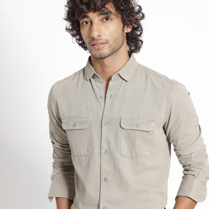 Rare Rabbit Men's Lipton Light Grey Cotton Fabric Full Sleeves Twill Shirt