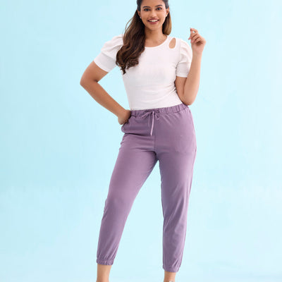 Women Solid Cotton Dusty Voilet Cuffed Joggers