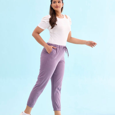 Women Solid Cotton Dusty Voilet Cuffed Joggers