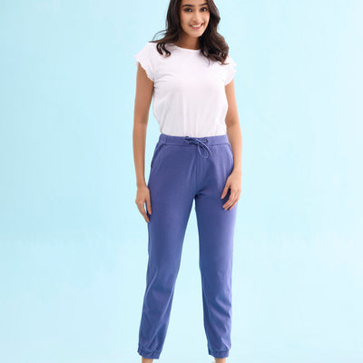 Women Solid Cotton Jeans Blue Cuffed Joggers