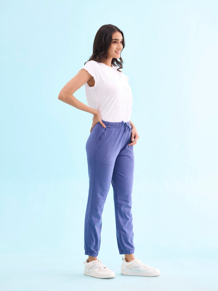 Women Solid Cotton Jeans Blue Cuffed Joggers