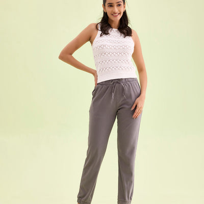 Women Solid Cotton Medium Grey Cuffed Joggers
