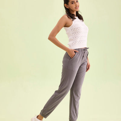 Women Solid Cotton Medium Grey Cuffed Joggers