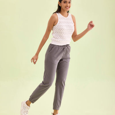Women Solid Cotton Medium Grey Cuffed Joggers