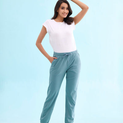 Women Solid Cotton Teal Cuffed Joggers