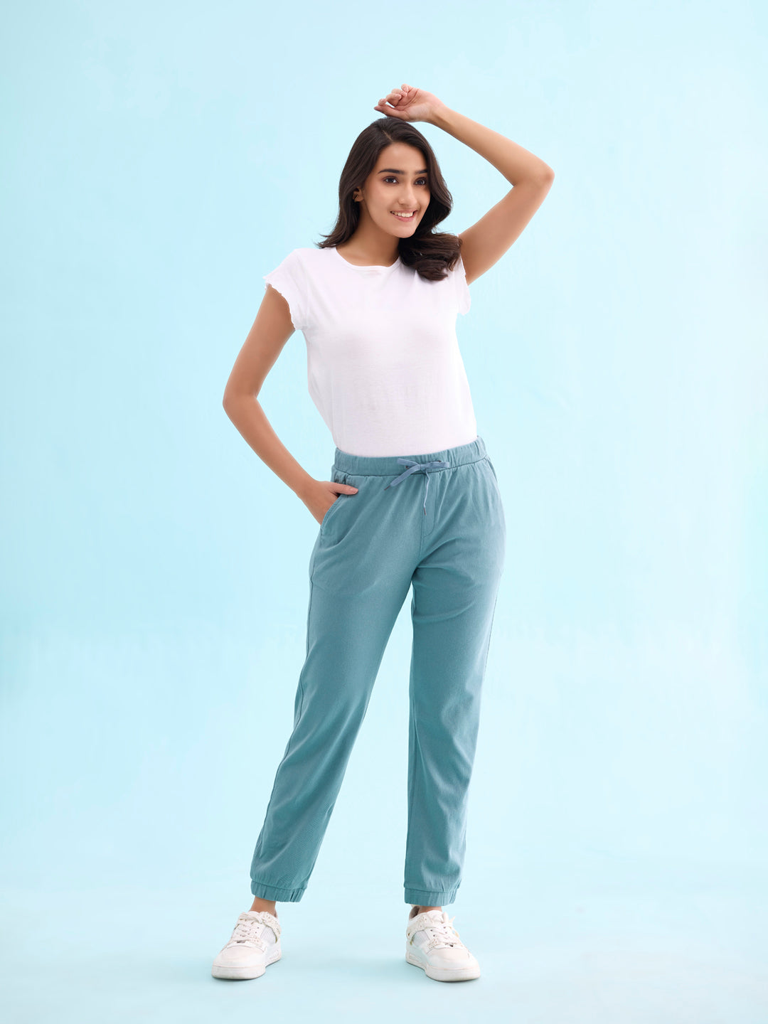 Women Solid Cotton Teal Cuffed Joggers