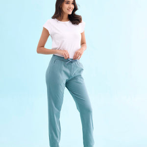 Women Solid Cotton Teal Cuffed Joggers