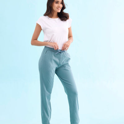 Women Solid Cotton Teal Cuffed Joggers