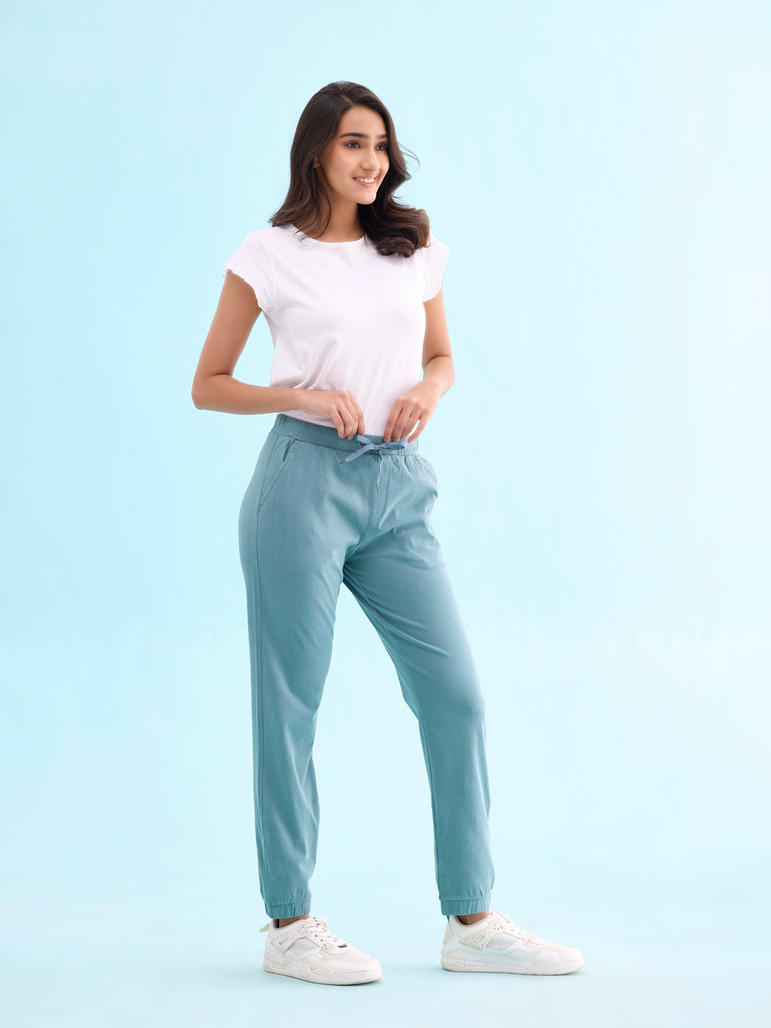 Women Solid Cotton Teal Cuffed Joggers
